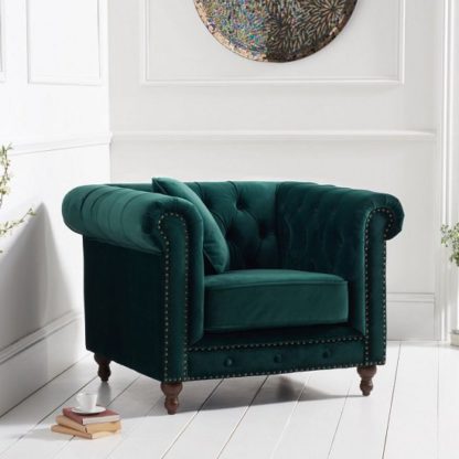 905b6668528c28e92209d5afc9a3845cd51c811271523d777f4817c56462d786.jpg An Image of Mentor Modern Fabric Sofa Chair In Green Plush