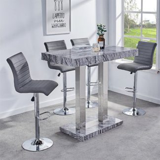 An Image of Melange Gloss Marble Effect Bar Table And 4 Ripple Grey Stools