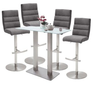 An Image of Soho White Glass Bar Table With 4 Hiulia Fabric Anthracite Stool