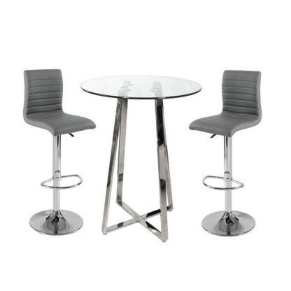 An Image of Poseur Bar Table In Clear Glass With 2 Ripple Grey Bar Stools