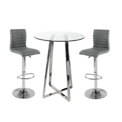 91f30abfbcae162d45b7fb562af217f4e693a8243d8292300e1723ed634b1d1e.jpg An Image of Poseur Bar Table In Clear Glass With 2 Ripple Grey Bar Stools