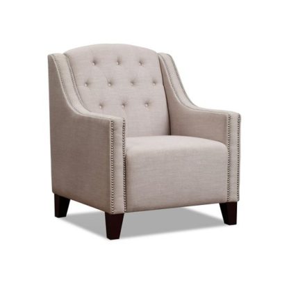 92333d2cdedcef12d452b98932e52cda54f5af5b8029faa43ec1077dd6dc7089.jpg An Image of Wilton Armchair In Beige Fabric With Dark Wooden Legs