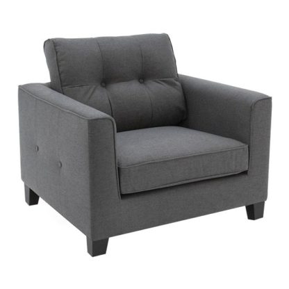 9255e7f165b5676e67229e26dce5f67b83f97759e66d40caf12b48514fd23fad.jpg An Image of Rawls Fabric Sofa Chair In Charcoal With Wenge Finish Legs