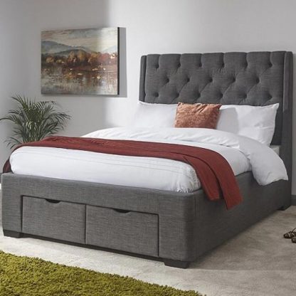 93075cbbc1d361f5630ec1c7237a0d71ff06a6851286575a20686e5f60a72f5f.jpg An Image of Castel King Size Bed In Grey Hopsack Fabric With 2 Drawers