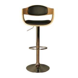 An Image of Molte Bar Stool In Black Faux Leather And Oak With Chrome Base