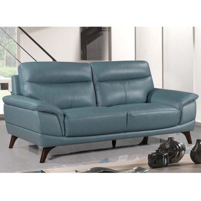 An Image of Watham 3 Seater Sofa In Blue Faux Leather With Wooden Legs
