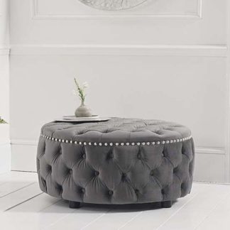An Image of Aniara Velvet Round Footstool In Grey