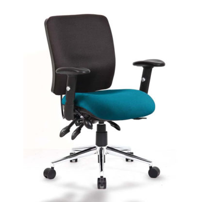 945fac352663c5b4152fb402bbfe9cf461eeb7e8c44a52b2542683f67f3c94b9.jpg An Image of Chiro Medium Back Office Chair With Maringa Teal Seat