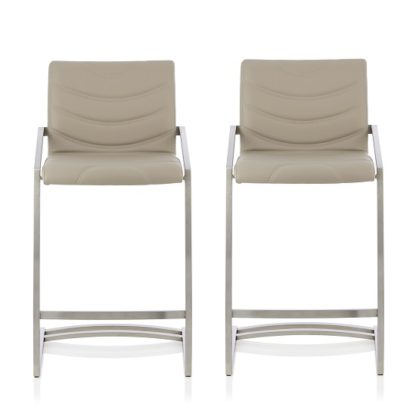 9558546d342223fb1d18feb3d833d20a445b38ae96654583aeb6bc6bfd63e68b.jpg An Image of Darren Bar Stool In Taupe Faux Leather In A Pair
