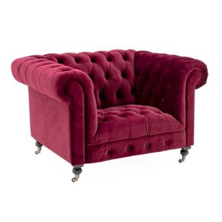 An Image of Reedy Chesterfield Velvel Sofa Chair In Berry With Metal Castor