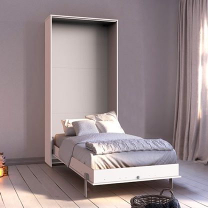 96c3e2bd9dd671105496a5a5df2154e438dcb52da78bae2e13b2a50681828698.jpg An Image of Juist Wooden Vertical Foldaway Single Bed In White