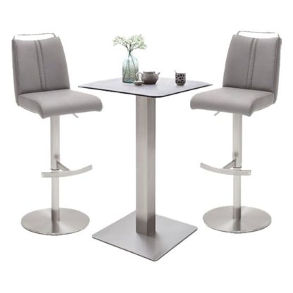 An Image of Soho Glass Bar Table With 2 Giulia Ice Grey Leather Stools