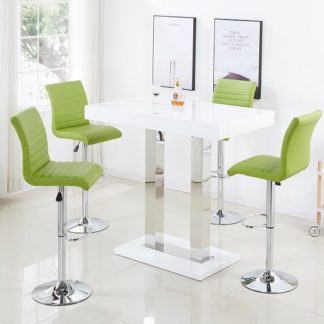 An Image of Caprice Bar Table In White Gloss And 4 Ripple Lime Green Stools