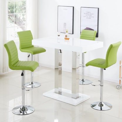 970f727f8c134aac5f9153dbbde7f484b01cdb9d4bd342c4b1dbbbcd89939909.jpg An Image of Caprice Bar Table In White Gloss And 4 Ripple Lime Green Stools