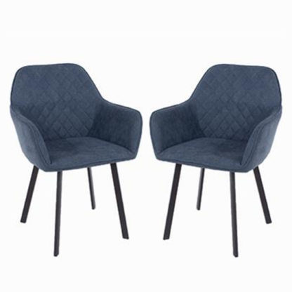An Image of Arturo Blue Fabric Dining Armchair In Pair With Black Metal Legs