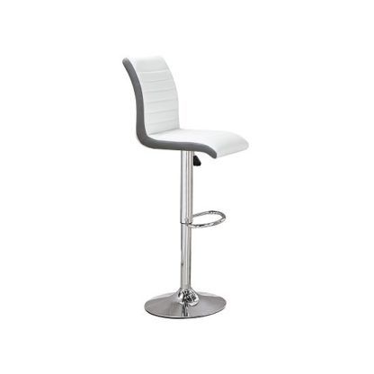 974cc519a7ef1545abfecdb1241527e7973d7cb06121b739e06aeaf229d9ef68.jpg An Image of Ritz Bar Stool In White And Grey Faux Leather With Chrome Base