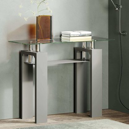 An Image of Willis Glass Console Table In Clear With Grey High Gloss Legs
