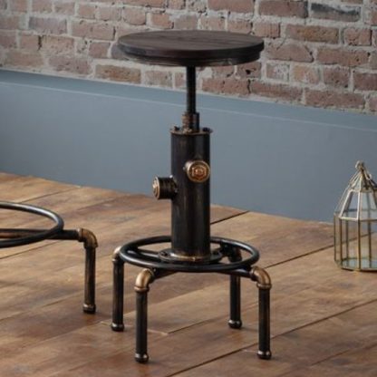 An Image of Rockport Pipework Bar Stool In Brushed Copper And Rustic Elm