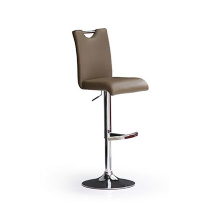 988230d5dc435f1b6115bfcd2efdbda75ae5aa96e8e6bab73f4387b4d19ef036.jpg An Image of Bardo Cappuccino Faux Leather Bar Stool With Round Chrome Base