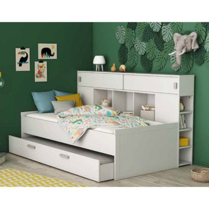 991747f35c3d26b108b35426515d42818382b836d0a48f04a5a3c2810097400e.jpg An Image of Cherwood Overhead Storage Single Bed In Matt White With Drawers