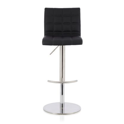 995f0252c1509a446dac126fbc1475076f343c1efb73d6d8b0a92e939415b701.jpg An Image of Jorden Bar Stool In Black Faux Leather And Stainless Steel Base