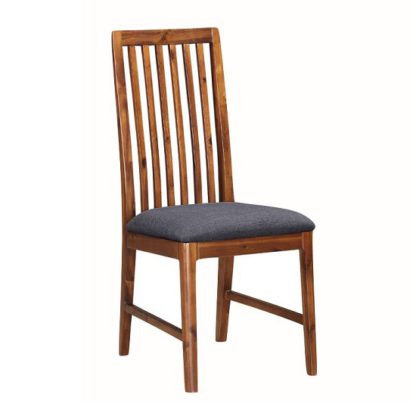 An Image of Trimble Dining Chair In Rich Acacia With Grey Fabric Seat