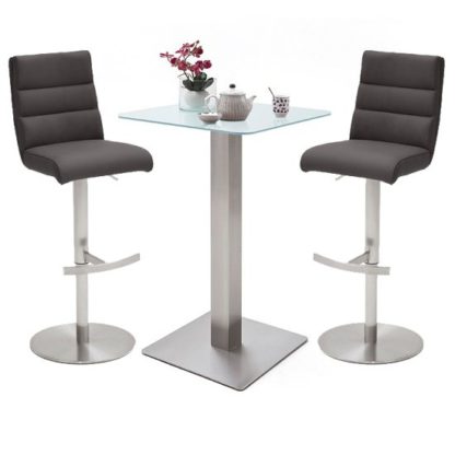 An Image of Soho Glass Bar Table With 2 Hiulia Anthracite Leather Stools
