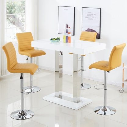 9b5576aa9dd854fb32cf5bb40b736cb40cd33d317e26b975f56bf392b1187a7e.jpg An Image of Caprice Bar Table In White Gloss With 4 Ripple Curry Stools