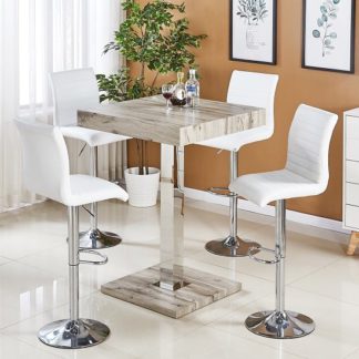 An Image of Topaz Bar Table In Grey Oak Effect With 4 Ripple White Stools