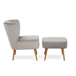 An Image of Samova Fabric Bedroom Chair And Foot Stool In Silver Velvet