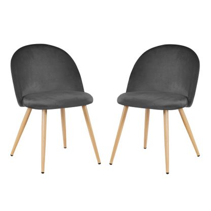 An Image of Swart Velvet Dining Chairs In Grey With Oak Legs In A Pair