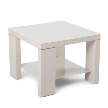 9cdd2ff4025e03bc09930f40144cf2370332720803a6fd480b894a61e649e007.jpg An Image of Alford Glass Side Table Square With Cream High Gloss