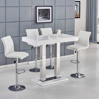 An Image of Caprice Bar Table In White High Gloss With 4 Ripple Bar Stools