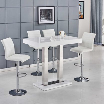 9da6ce878592949ff976bdeaaacc1b871d6a292b5b434ef9f6683f4456309935.jpg An Image of Caprice Bar Table In White High Gloss With 4 Ripple Bar Stools