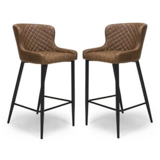 An Image of Charlie Antique Brown Leather Bar Stool In Pair With Metal Base