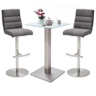 An Image of Soho White Glass Bar Table With 2 Hiulia Fabric Anthracite Stool