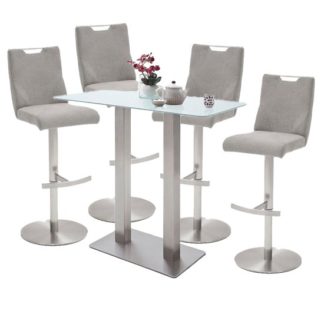 An Image of Soho White Glass Bar Table With 4 Jiulia Ice Grey Fabric Stools