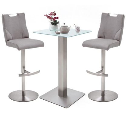An Image of Soho White Glass Bar Table With 2 Jiulia Ice Grey Stools