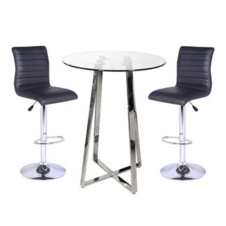An Image of Poseur Bar Table In Clear Glass With 2 Ripple Black Bar Stools