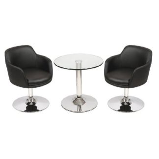 An Image of Belize Glass Bistro Table In Clear And 2 Black Bucketeer Chairs