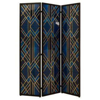 An Image of Kitalpha Wooden Folding Patterned Blue And Gold Room Divider