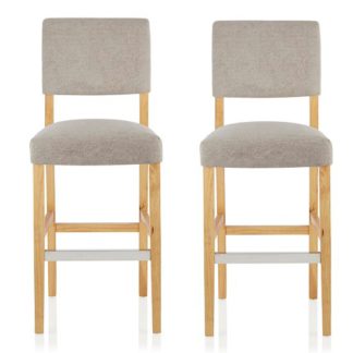 An Image of Vibio Bar Stools In Silver Fabric And Oak Legs In A Pair