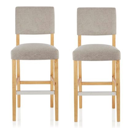 An Image of Vibio Bar Stools In Silver Fabric And Oak Legs In A Pair