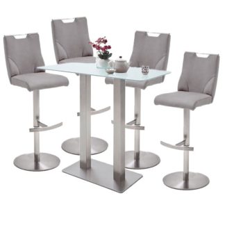 An Image of Soho White Glass Bar Table With 4 Jiulia Ice Grey Leather Stools