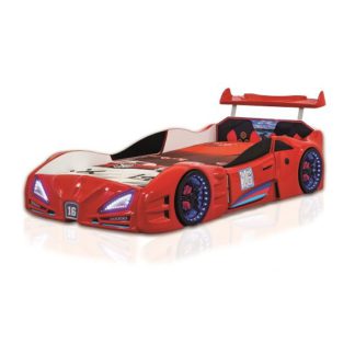 An Image of Buggati Veron Childrens Car Bed In Red With Spoiler And LED