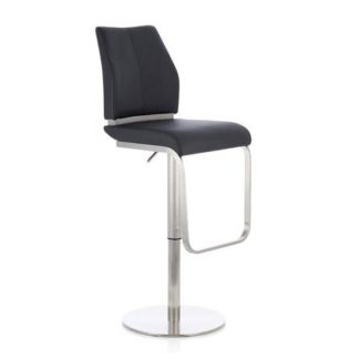 An Image of Terry Bar Stool In Black Faux Leather And Stainless Steel Base