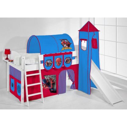 a217243e1c888f32e0446d59d60f1efd19323960397f0557c77b8b8a5e0ed7d6.jpg An Image of IDA Spiderman Children Bed In White With Tower And Curtains