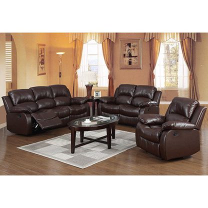 a349d917ab43c82553572eac1af54a3c0af6251eb0d161669ddd56e4873bcb25.jpg An Image of Piscium Leather Full Bonded Recliner Sofa Suite In Brown
