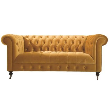 An Image of Reedy Chesterfield Two Seater Sofa In Mustard With Metal Castor