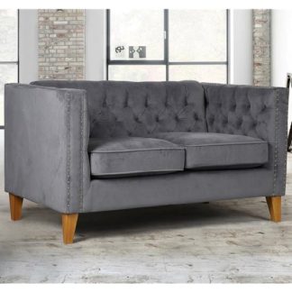 An Image of Atherton Fabric 2 Seater Sofa In Grey Velvet With Wooden Legs